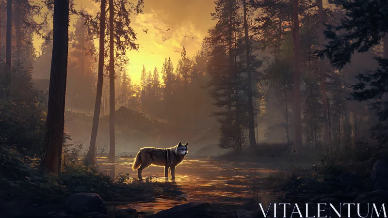 Golden dusk welcomes a lone wolf standing in quiet water