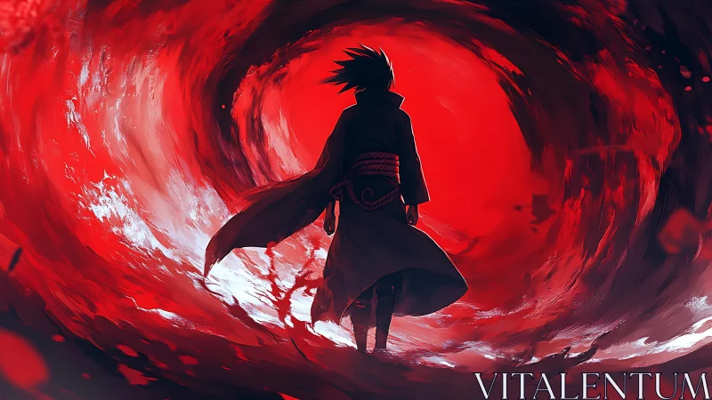 Silhouetted figure stands before swirling red vortex