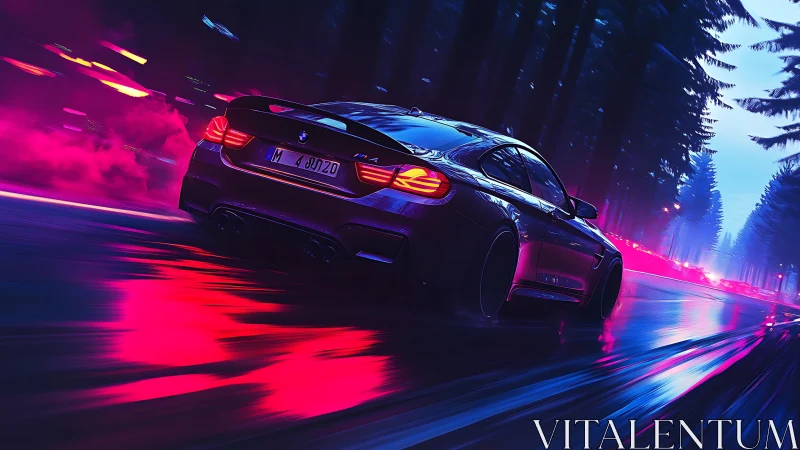 BMW sports coupe races through neon lit forest highway at night