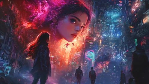 Neon city dreamwalk beneath a colossal cosmic girl face.