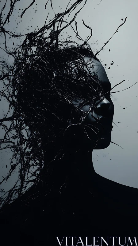 Dark inked silhouette unravels into swirling liquid thoughts.