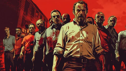 Group of injured men stands before red sky in stylized frame