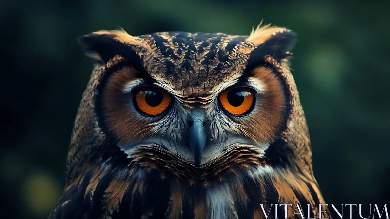 Intense Portrait of a Great Horned Owl in Photorealistic Style.
