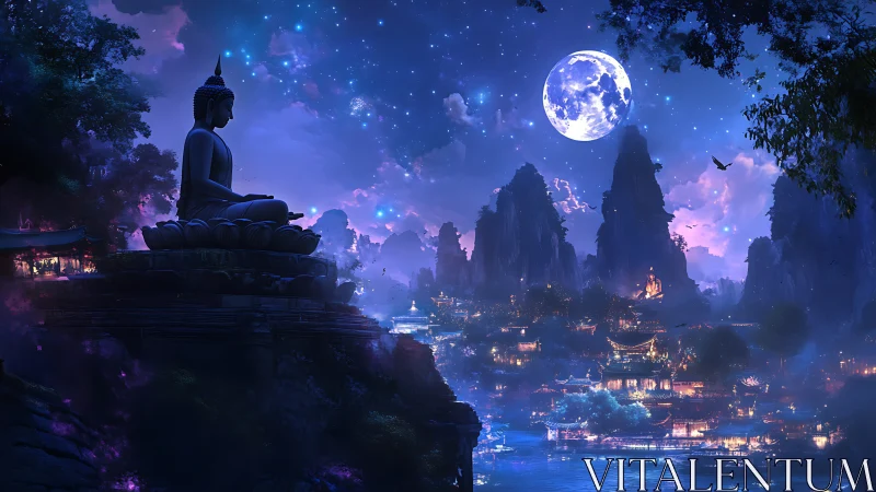 Meditating Buddha overlooks luminous moonlit mountain harbor