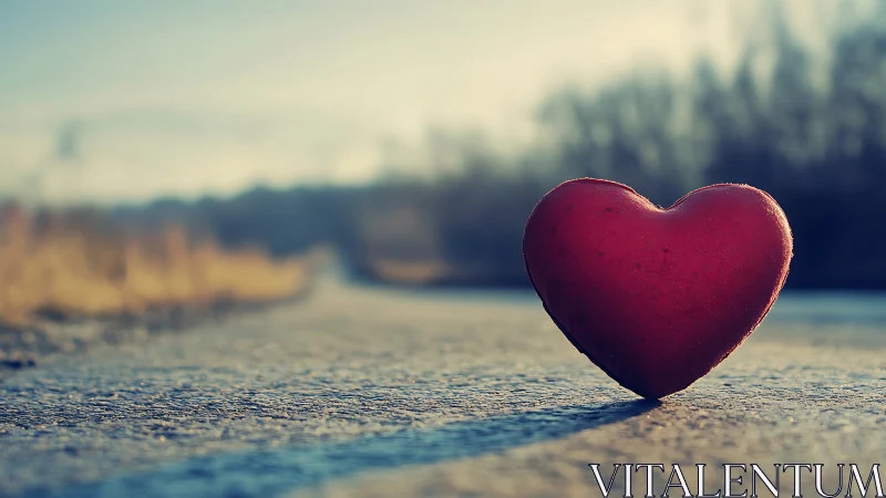 A crimson heart rests on sunlit pavement near peaceful waters