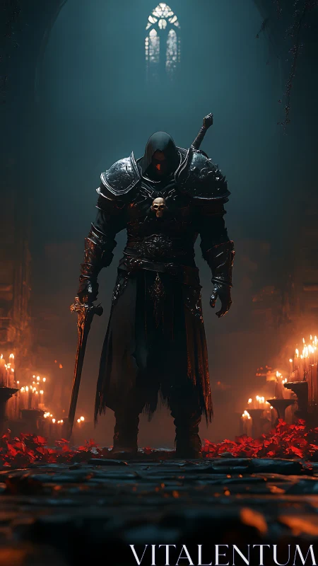 Armored necro-knight in cathedral nave, volumetric candlelight.