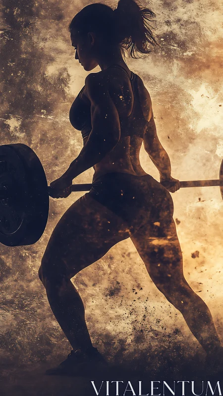 Strong female weightlifter silhouette amid fiery dust storm