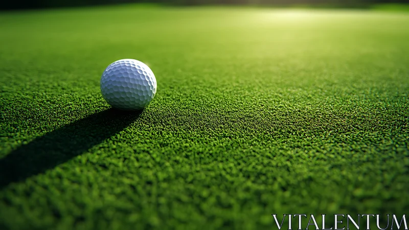 Golf ball on green turf surface under directional sunlight.