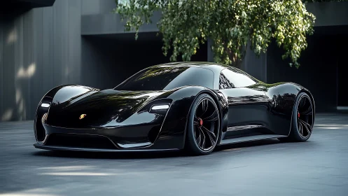 Sleek black electric supercar waits in a calm urban courtyard