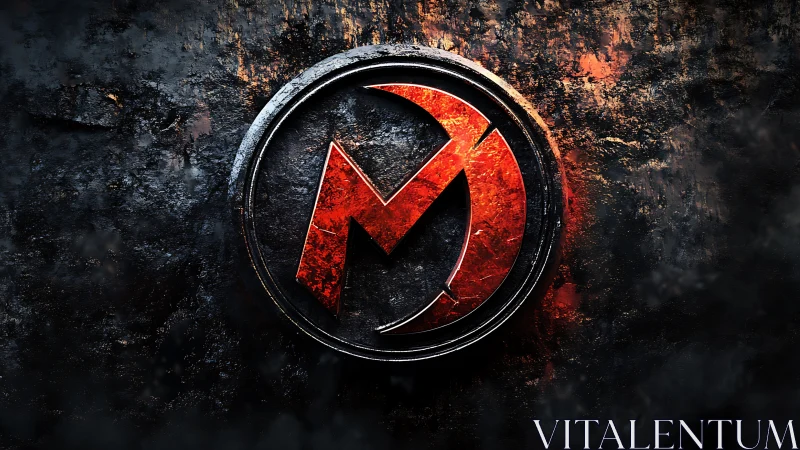 Molten red metallic emblem on distressed black wall.