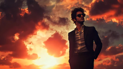 Confident sunset silhouette walking into the golden evening sky.