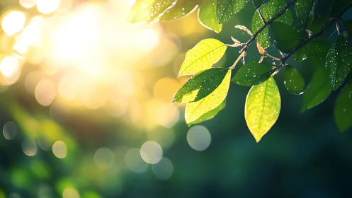 Sunlit Green Leaves with Morning Dew in Soft Focus Nature Style.