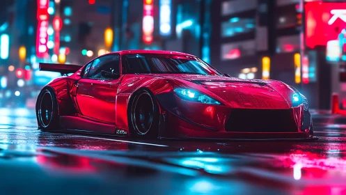 Crimson street racer hums through neon-soaked midnight rain