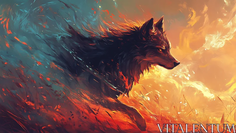 Fiery spirit wolf racing through swirling embers and light.