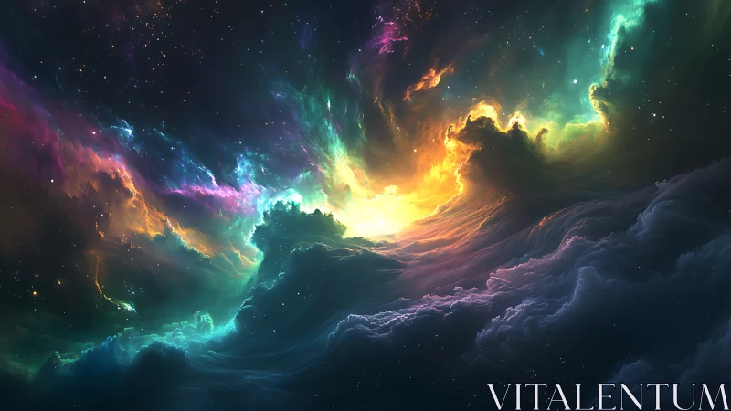 Cosmic nebula clouds with radiant multicolored light field.