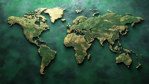 Gold embossed world map relief is displayed on green surface