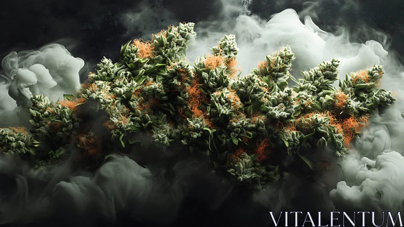 Frosted cannabis buds glow within swirling smoke plumes.