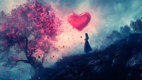 Solitary Figure Gazes Upon Luminous Heart in Enchanted Cherry Blossom Realm.