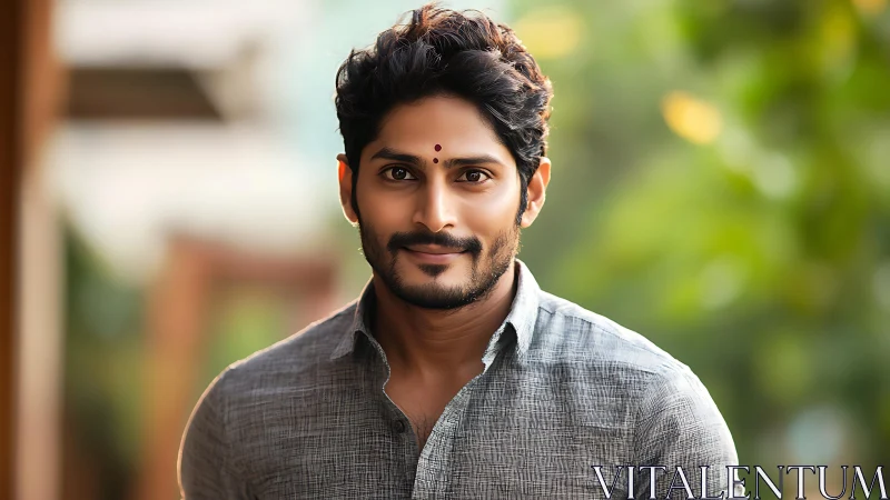 Smiling man in grey shirt against soft green outdoor blur.