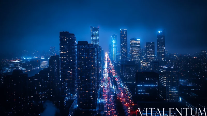 Neon blue skyline over dense nighttime city avenue.