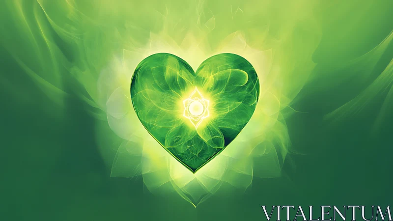 Luminescent green heart shape with concentric geometric energy core emanating radiance