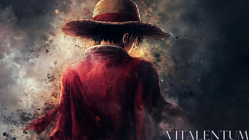 Straw hat figure in red coat amid diffuse smoky particles.