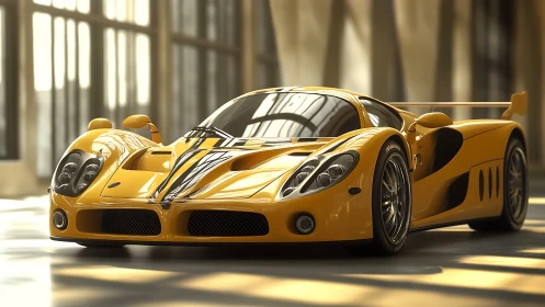 Yellow supercar in modern showroom with strong reflections.