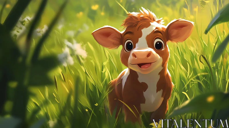 Cartoon calf smiling in bright green summer meadow.