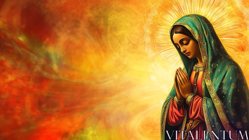 Digital Marian icon rendered against radiant abstract light field