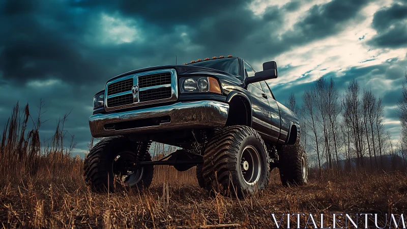 Lifted pickup truck is parked in a dry grassy field