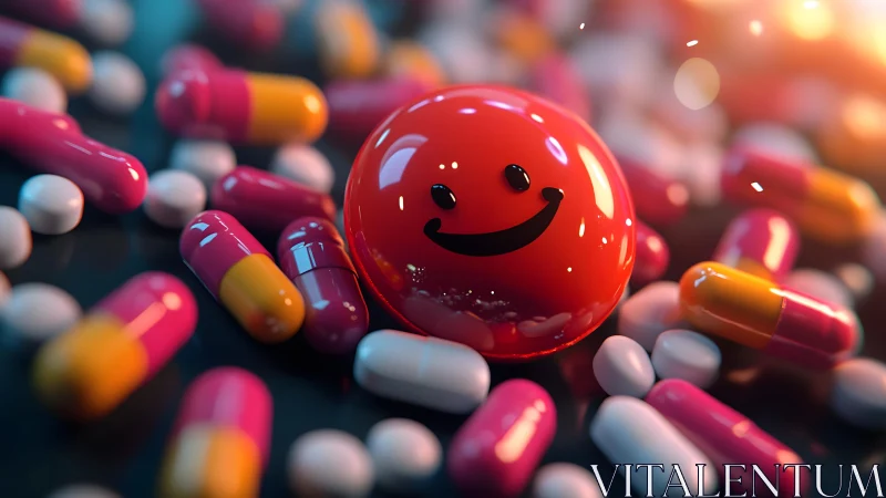 Smiling red capsule sphere amid glowing mood pills.