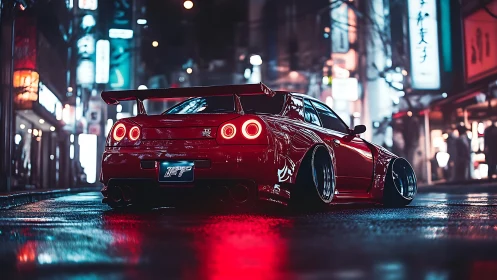 Cyberpunk street-tuned GT-R under neon night reflections.