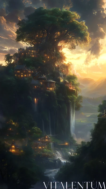 Skyroot citadel of lantern-lit homes and silver falls.