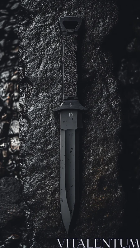 Tactical combat knife on wet stone in dramatic low key lighting.