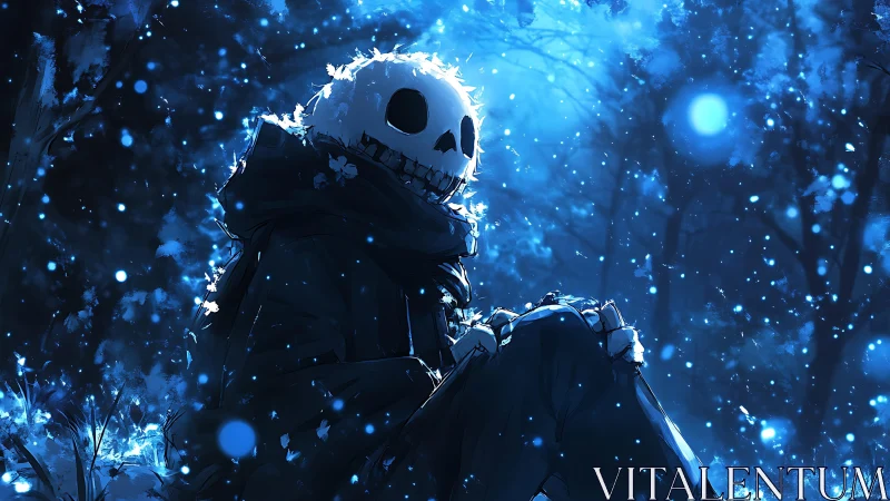 Gentle skeleton friend rests in a softly glowing winter forest
