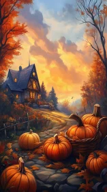 Pumpkin lane glows toward a storybook autumn cottage sunset.