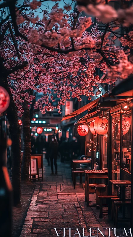 Cherry blossoms glow above lantern-lit night street scene.