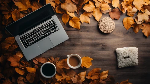 Laptop, twin coffees and autumn leaves plotting cozy focus.