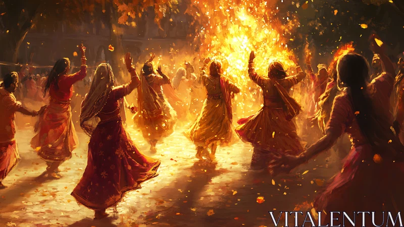 Women Dancing Around Bonfire During Festive Night, Warm Colors.