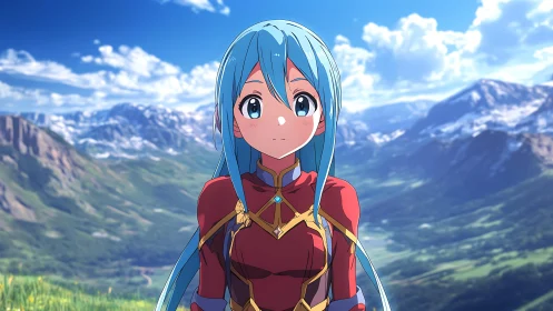 Anime girl with blue hair stands before detailed mountain valley