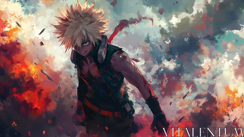Explosive anime antihero amid abstract fiery stormscape.