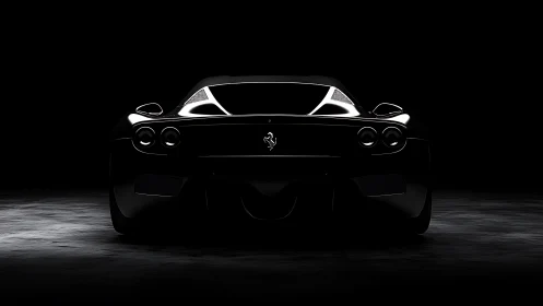 Sleek black supercar glowing softly in dramatic darkness.