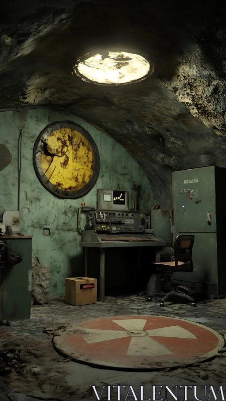 Abandoned radiation control bunker with corroded consoles.