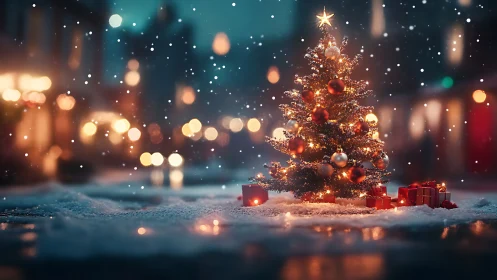 Cozy city street Christmas tree glowing in gentle snowfall.