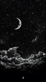 Crescent moon over dense clouds in a star filled night sky.