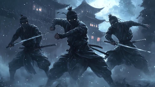 Steeled ninjas advance through mist before a stormlit pagoda
