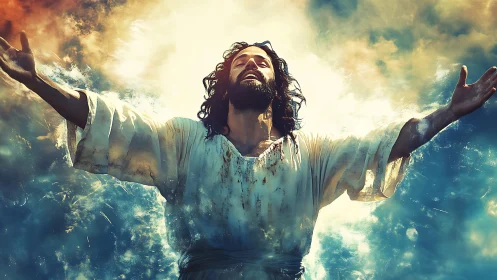 Robe-clad figure with raised arms amid luminous clouds.