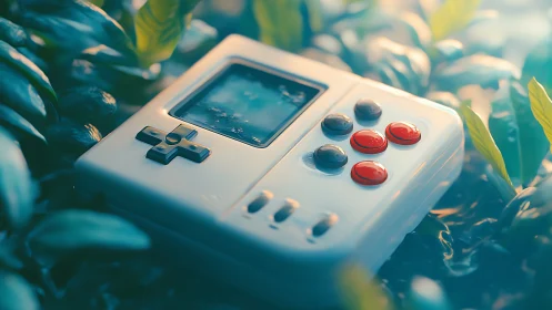 Retro Handheld Gaming Device in Nature Setting.