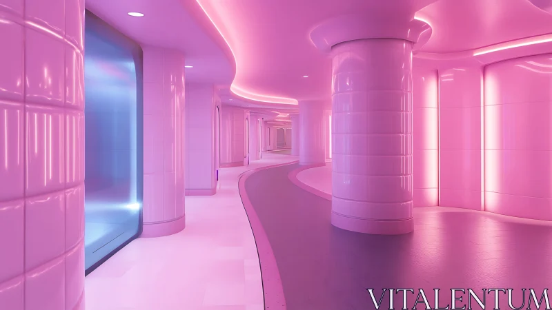 Futuristic pink corridor with curved columns and neon glow.