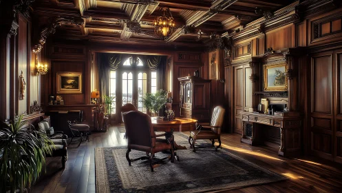 Grand wood-paneled study glows with warm, classic elegance.